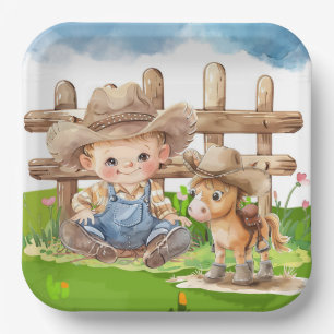 Cowboy and a Pony Horse Boy Baby Shower Paper Plate