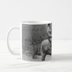 Cowboy and businessman playing checkers on horseba coffee mug