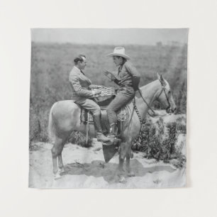 Cowboy and businessman playing checkers on horseba tapestry