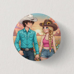 cowboy and cowgirl anime style 3 cm round badge