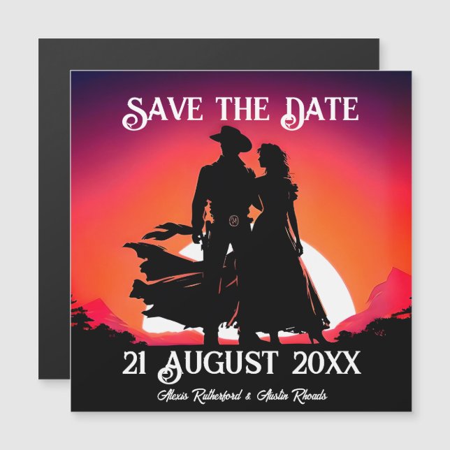 Cowboy and Cowgirl at Sundown Save the Date Magnetic Invitation (Front/Back)
