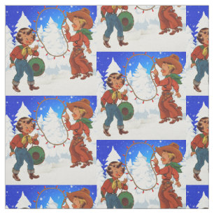 Cowboy And Cowgirl Kids Winter Scene Holiday Fabri Fabric