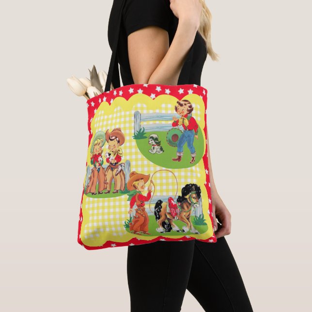 Cowboy and Cowgirl Kids With Horse Dog And Rope Tote Bag (Close Up)