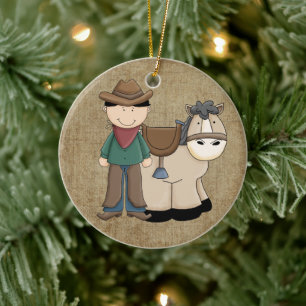 Cowboy and His Pony and Sheriff Badge Ceramic Ornament