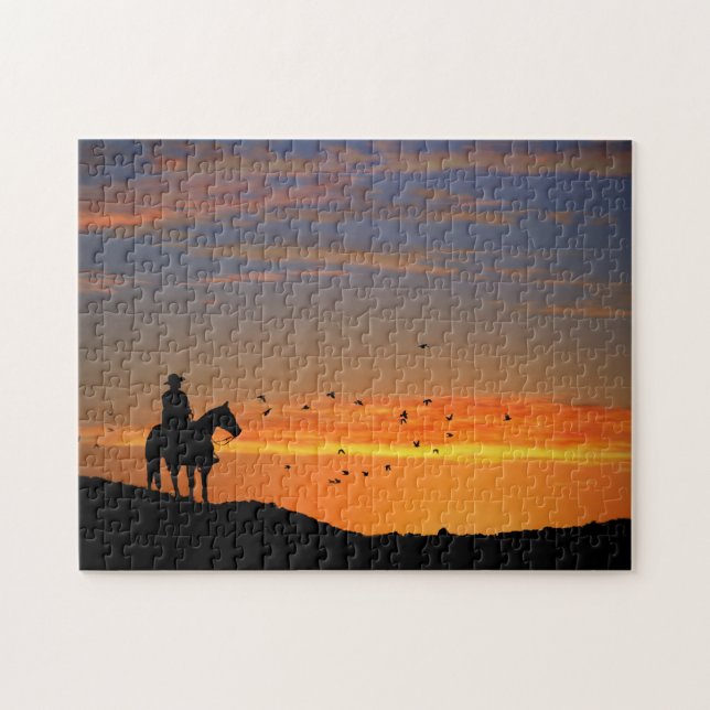 Cowboy and Horse in Sunset Western Jigsaw Puzzle (Horizontal)