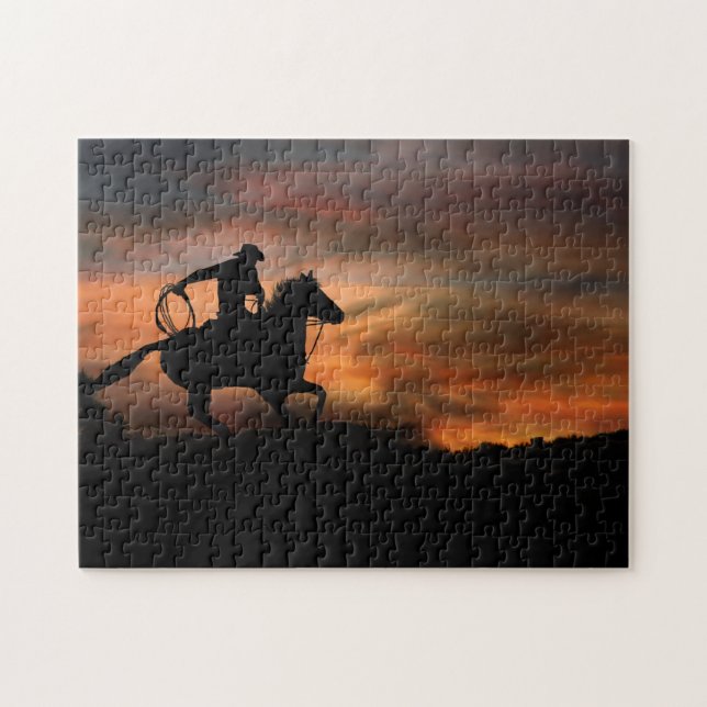 Cowboy and Horse Riding Sunset Jigsaw Puzzle (Horizontal)