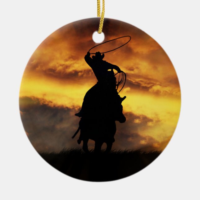Cowboy and Horse Roping Sunset Xmas Ceramic Ornament (Front)