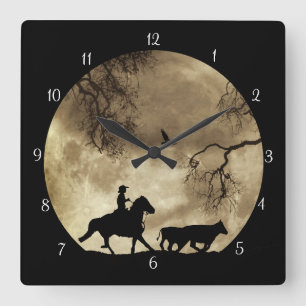 Cowboy and Horse with Steers in Moonlight Square Wall Clock