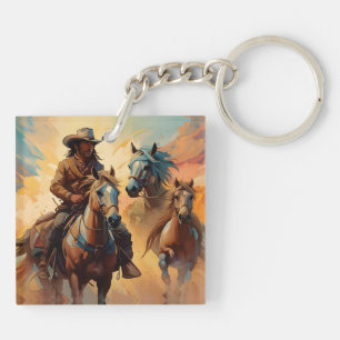 Cowboy and horses collage  key ring