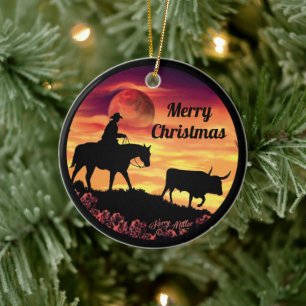 Cowboy And Longhorn Steer Ceramic Ornament