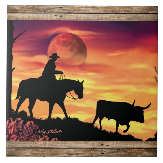 Cowboy And Longhorn Steer Ceramic Tile (Front)