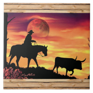 Cowboy And Longhorn Steer Ceramic Tile