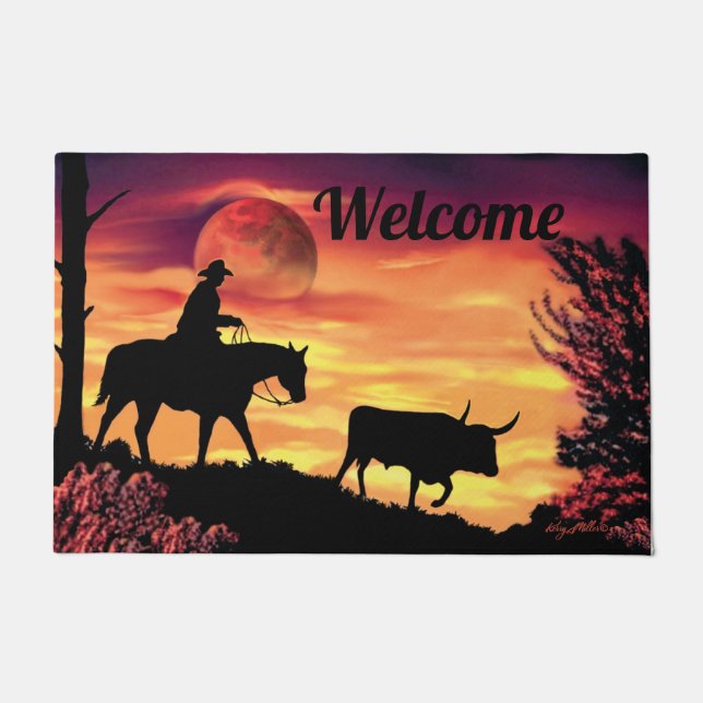 Cowboy And Longhorn Steer Doormat (Front)