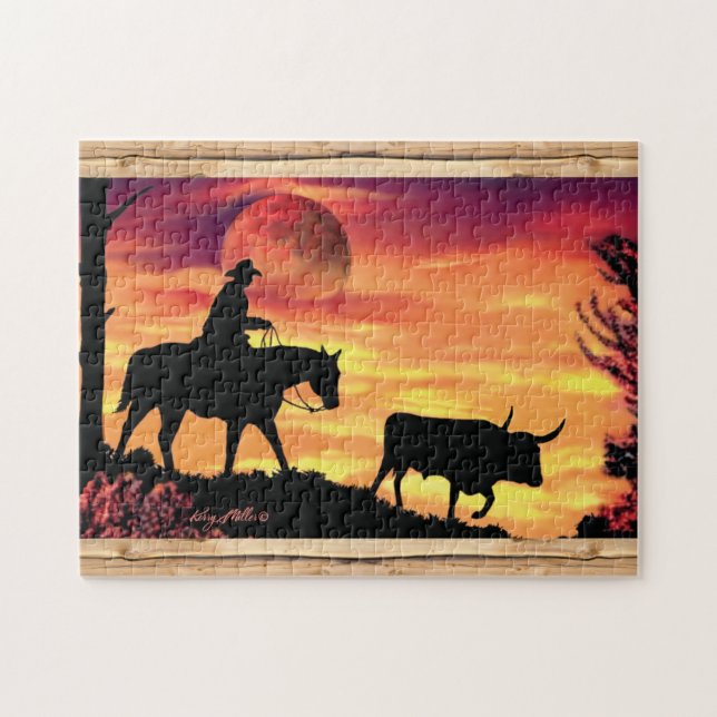 Cowboy And Longhorn Steer Jigsaw Puzzle (Horizontal)
