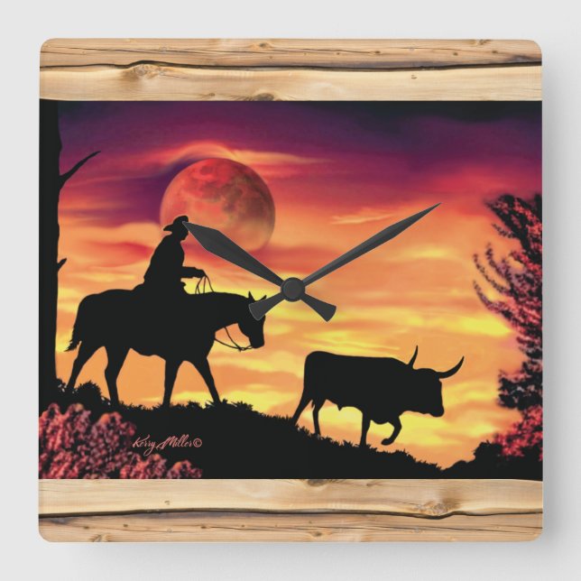 Cowboy And Longhorn Steer Square Wall Clock (Front)