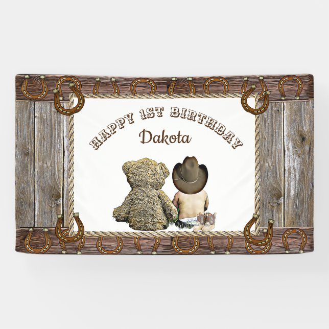 Cowboy and Teddy Bear 1st Birthday Party Banner (Horizontal)