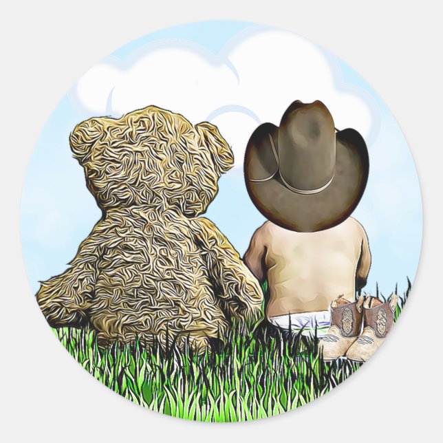 Cowboy and Teddy Bear Baby Boy Classic Round Sticker (Front)