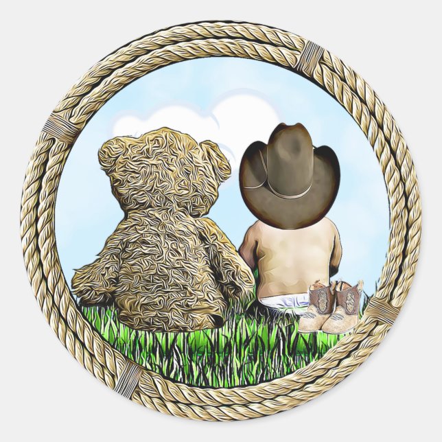 Cowboy and Teddy Bear Baby Boy Classic Round Sticker (Front)