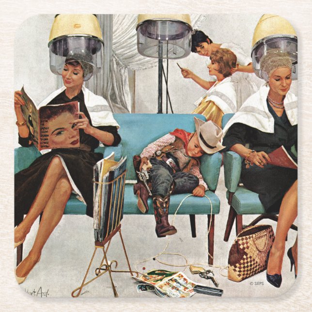 Cowboy Asleep in Beauty Salon Square Paper Coaster (Front)