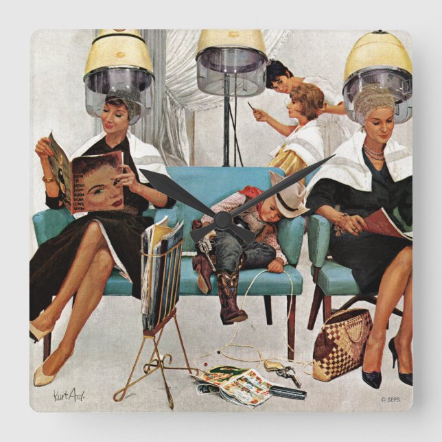 Cowboy Asleep in Beauty Salon Square Wall Clock (Front)
