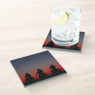 cowboy at sunset glass coaster