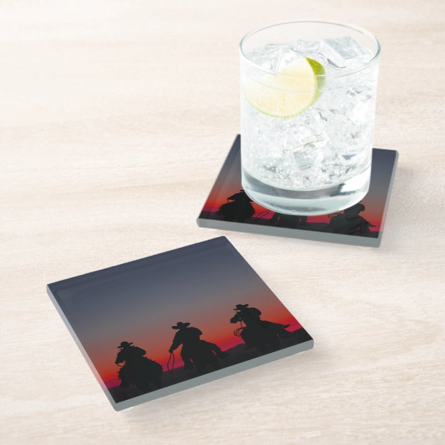 cowboy at sunset glass coaster (Angled)