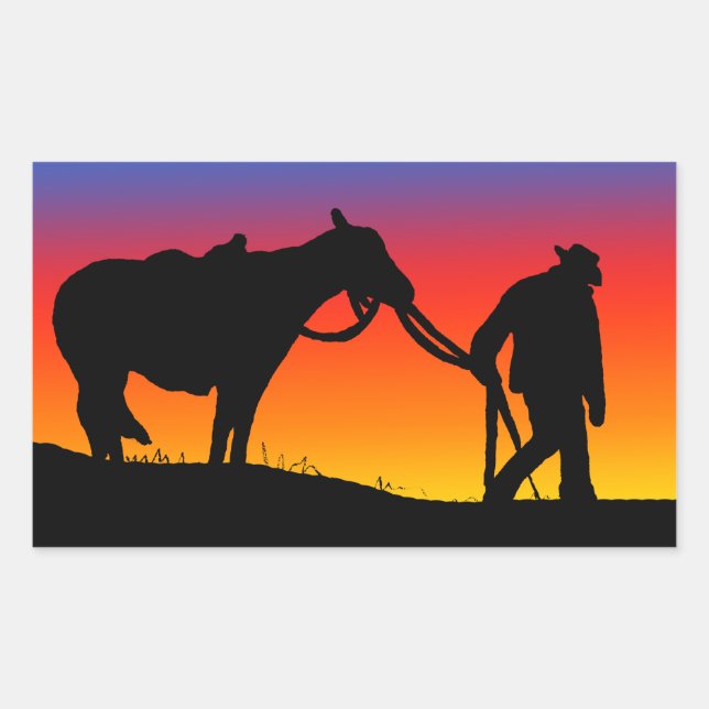 Cowboy at sunset rectangular sticker (Front)