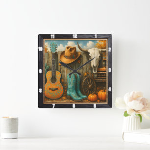 Cowboy Autumn Rodeo Ranch  Square Wall Clock
