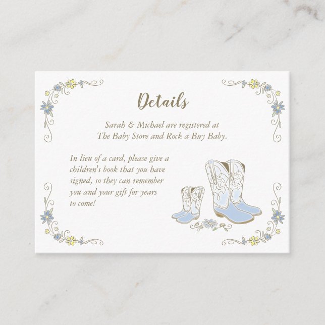 Cowboy Baby Shower Country Western Blue Boy Enclosure Card (Front)