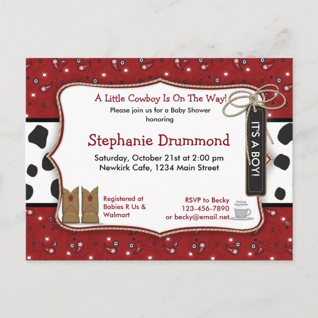 Cowboy Baby Shower Invitation in Red Bandanna Postcard (Front)