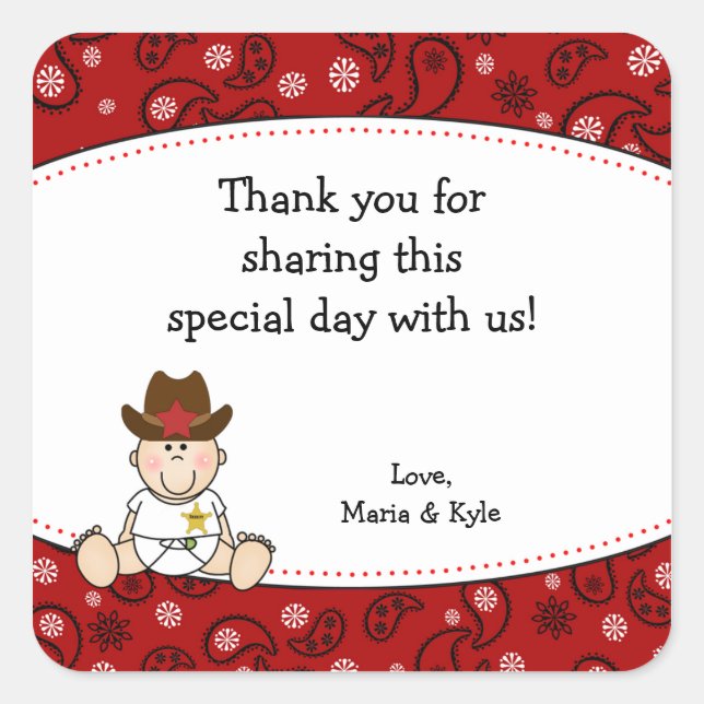 Cowboy Baby Shower Thank You Favour Sticker (Front)