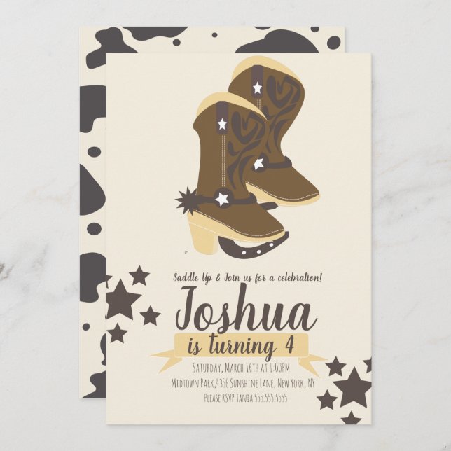 Cowboy  Birthday Cow Print  Brown Beige Invitation (Front/Back)