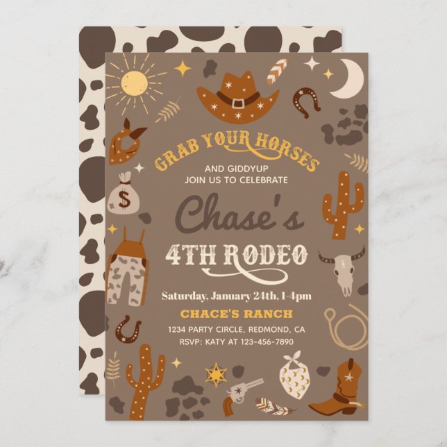 Cowboy Birthday Invitation | 4th Rodeo Invitation (Front/Back)