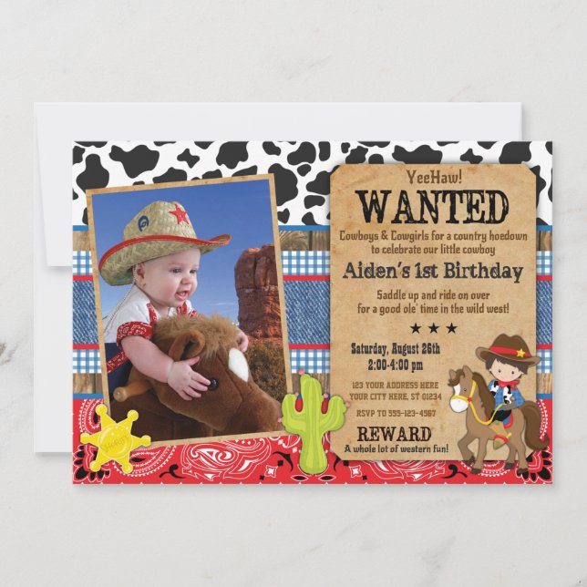 Cowboy Birthday Invitation-Wanted, Western Theme Invitation (Front)