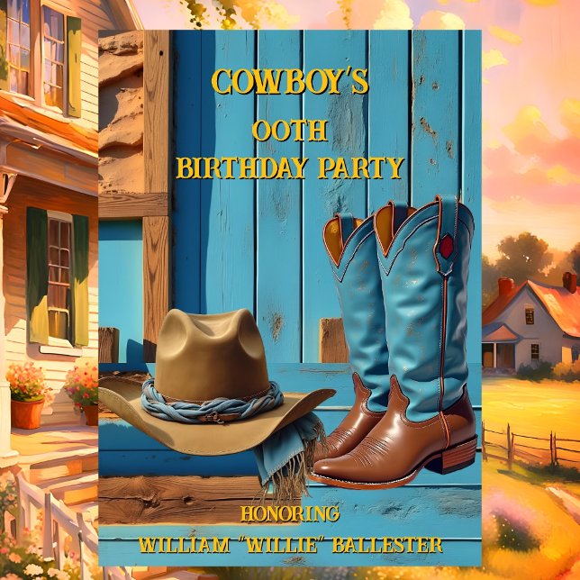 Cowboy Birthday Party Barn Boots Hat blue brown Invitation (Creator Uploaded)