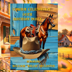 Cowboy Birthday Party Barn Horse Hat blue brown Invitation