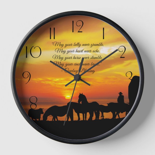 Cowboy Blessing Horse Cattle Sunset Silhouette Clock (Front)