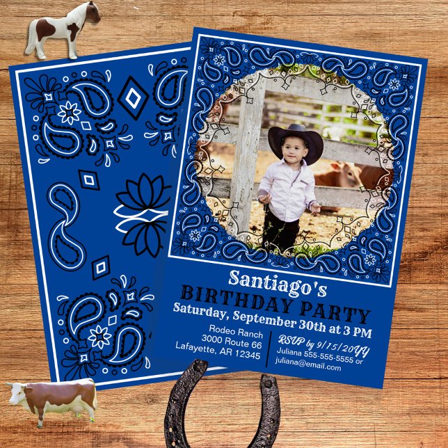 Cowboy Blue Bandanna Photo Birthday Invitation (For your cowboy or cowgirl theme birthday a unique blue western bandana style photo invite.)