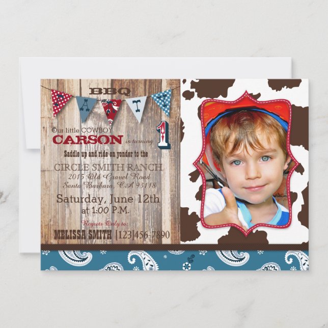 Cowboy Blue Bandanna Western Theme Birthday Invitation (Front)