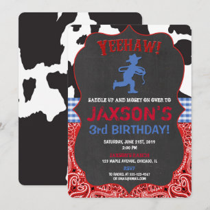 Cowboy blue red black boy birthday invitations