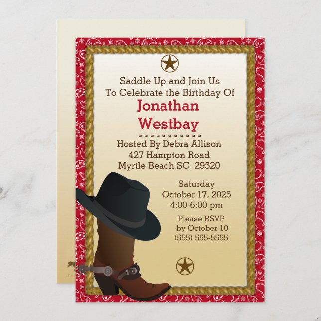 Cowboy Boot and Hat  Birthday Invitation (Front/Back)