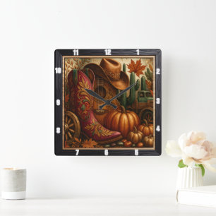 Cowboy Boot Autumn Western Square Wall Clock