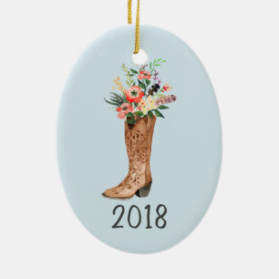 Cowboy Boot Bouquet Keepsake Year Ceramic Ornament