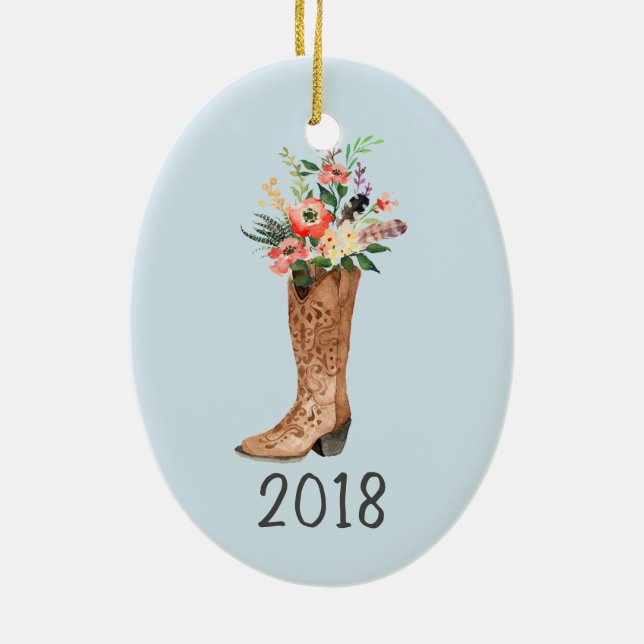Cowboy Boot Bouquet Keepsake Year Ceramic Ornament (Back)