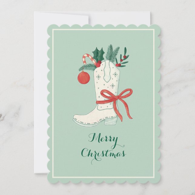 Cowboy Boot Christmas Flat Holiday Greeting Card (Front)