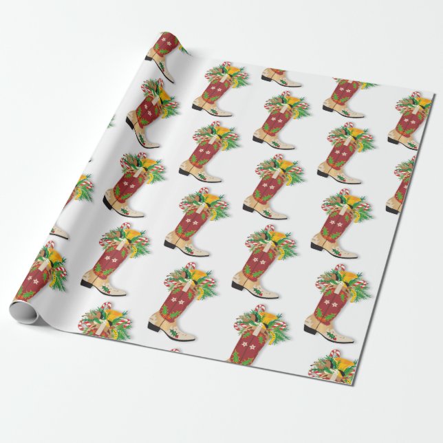 Cowboy boot Christmas wrapping paper (Unrolled)