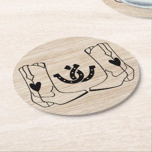 Cowboy Boot Horseshoe Wedding Country Western Wood Round Paper Coaster