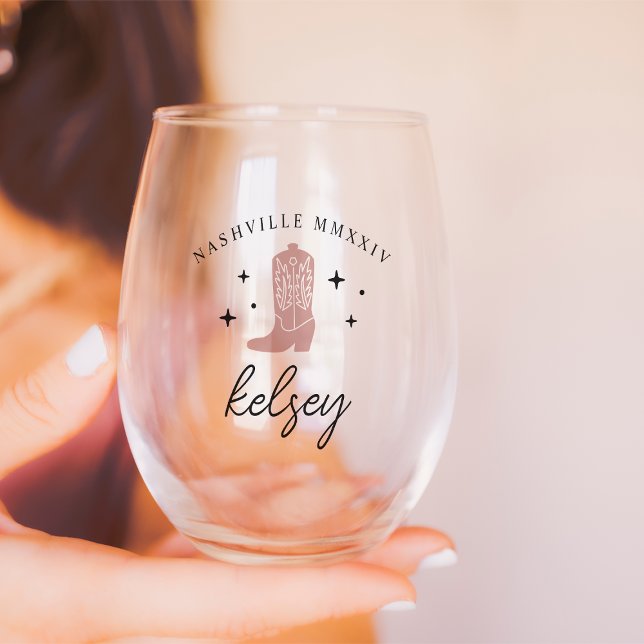 Cowboy Boot Personalised Bachelorette Party Stemless Wine Glass (Creator Uploaded)