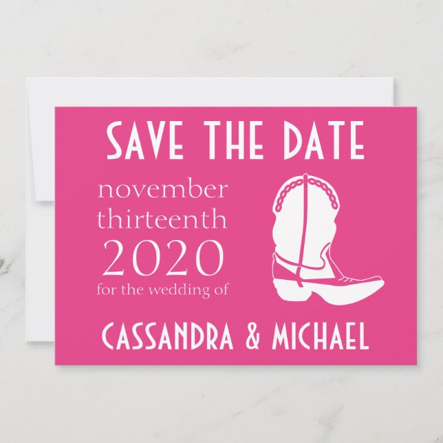 Cowboy Boot Save The Date Announcement (Dark Pink) (Front)