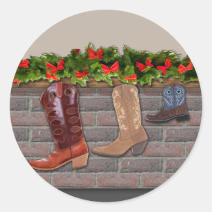 Cowboy Boot Stockings by the Fireplace Classic Round Sticker